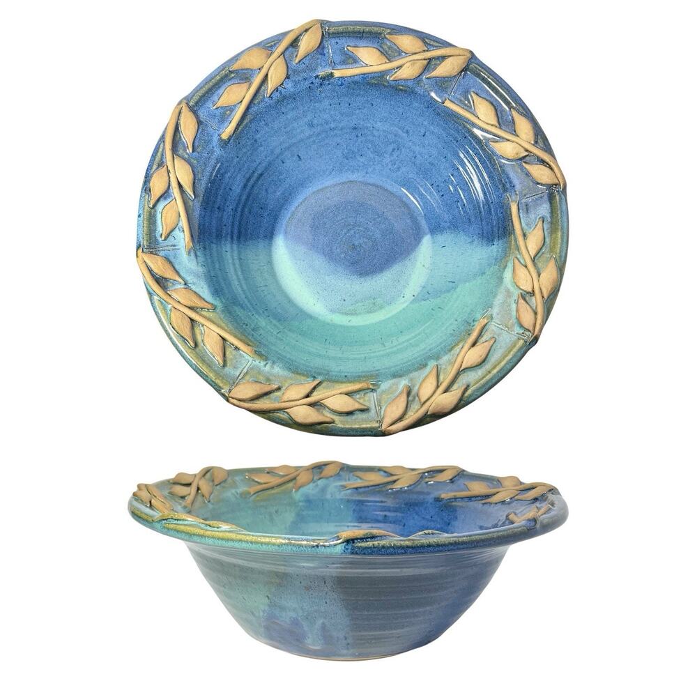 Large Blue Green Glazed Laurel Leaf Studio Pottery Centerpiece Serving Bowl 12”